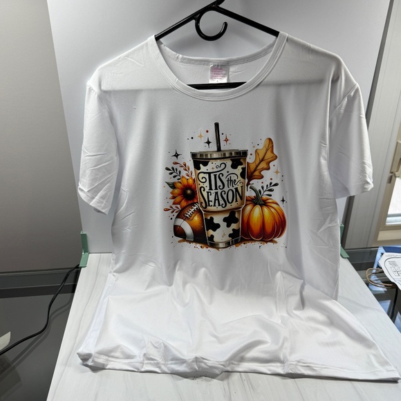 Halloween Tis the Season (Fall) Football Pumpkin White Crew Neck T-Shirt Large - Picture 7 of 9